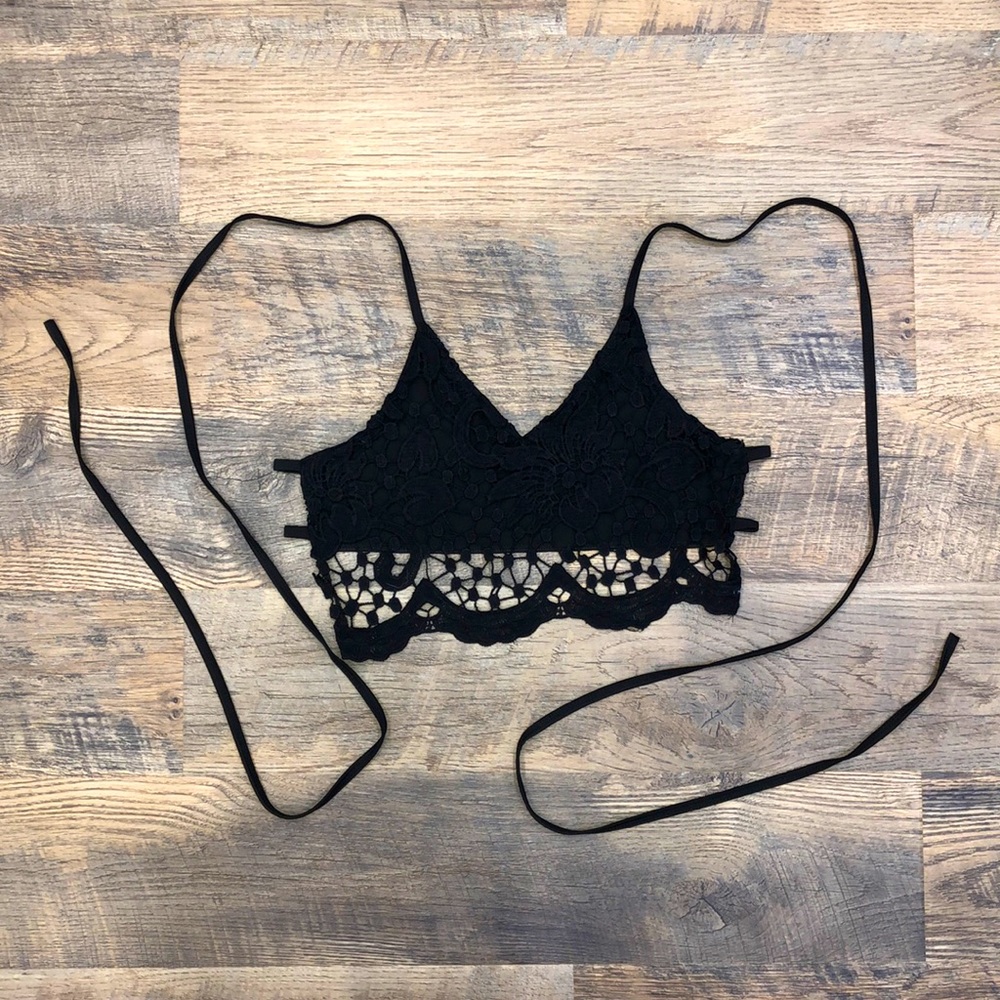 Black Tie Back Floral Bralette Size Small